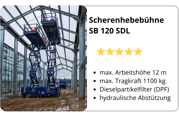 BEYER Infografik über Eigenschaften von Diesel-Scherenbühne SB 120 SDL
