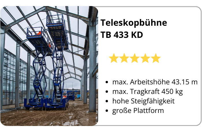 Infografik über BEYER Teleskopbühne TB 433 KD mit über 40 m Arbeitshöhe