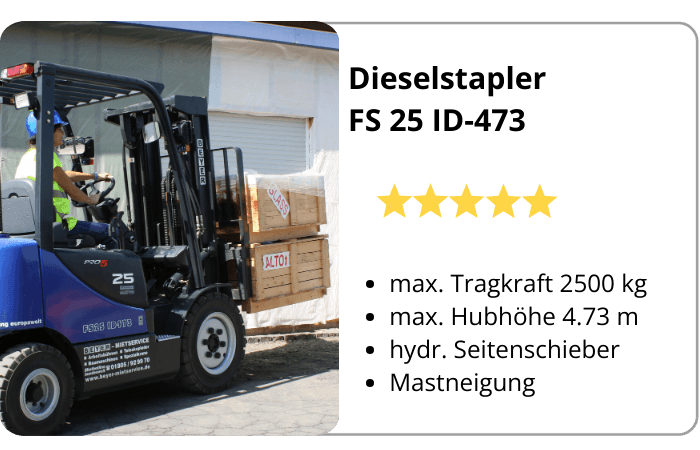 Infografik mit Eigenschaften über BEYER Dieselstapler FS 25 ID-473