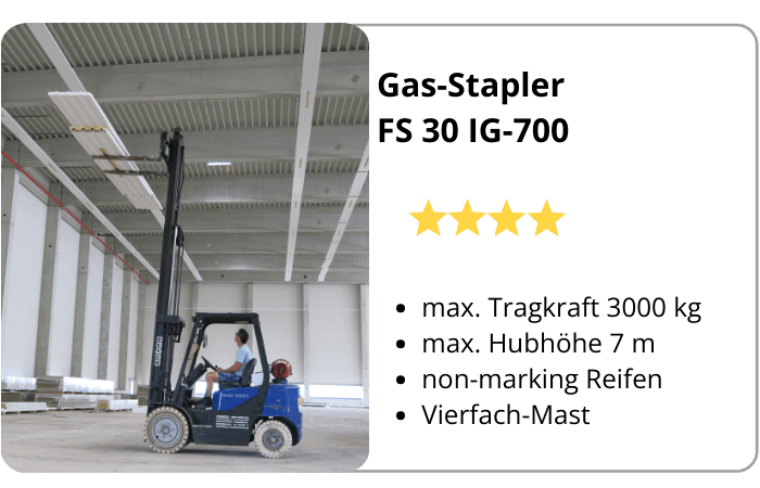 Infografik mit Eigenschaften über Gasstapler FS 30 IG-700 von BEYER