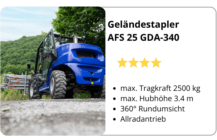 Infografik mit Eigenschaften über BEYER Geländestapler AFS 25 GDA-340