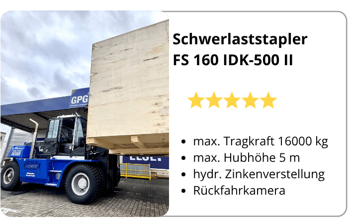 Eigenschaften über Schwerlaststapler FS 160 IDK-500 II in BEYER-Infografik
