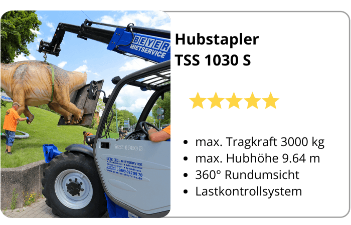 Eigenschaften und Einsatzbild von Teleskoplader TSS 1030 in Infografik