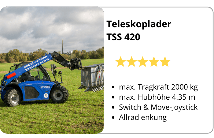 Eigenschaften und Einsatzbild von Teleskoplader TSS 420 in Infografik