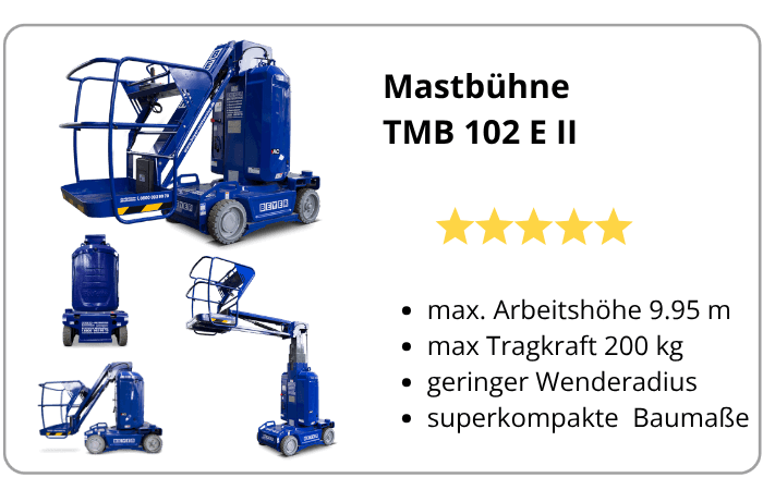 Infografik über Elektro-Mastbühne TMB 102 E II mit 10 m Arbeitshöhe