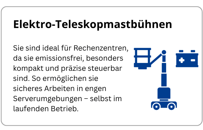BEYER Infografik über E-Mastbühnen für Einsätze in Rechenzentren