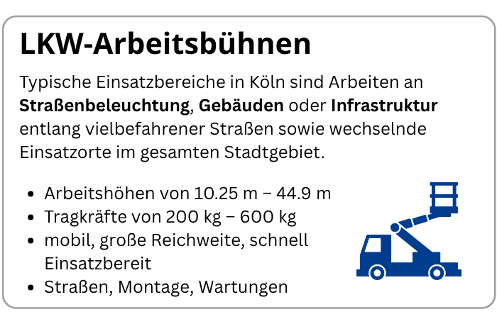Infografik über Einsatzgebiete und Vorteile von LKW-Arbeitsbühnen