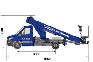 Abmessungsgrafik von der Seite von Lkw-Hubsteiger LB 300 T