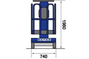 Abmessungsgrafik Front von manueller Mastbühne FLEXXILIFT TMB 42 M