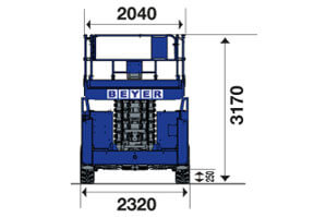 Abmessungsgrafik Front Scherenbühne SB 180 SEA II