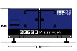 Abmessungsgrafik von BEYER Generator mit 138 kVA Leistung