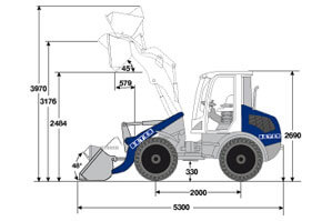 Seitliche Abmessungsgrafik von Radlader RL II mit Ladeschaufel