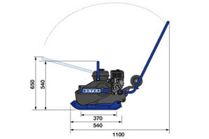 Abmessungsgrafik von Rüttelplatte RP 12 kN mit 73 kg Gewicht