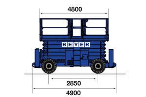 Abmessungsgrafik von BEYER-Scherenhebebühne SB 120 SDL