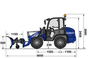 Seitliche Abmessungsgrafik von Radlader RL 75 mit Schneeschieber