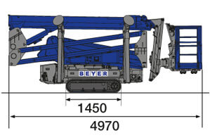 Seitliche Abmessungsgrafik von 20 m Raupenbühne RAB 207 GT D/E