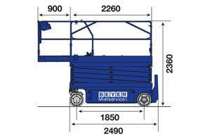 Seitliche Abmessungsgrafik von Scherenbühne SB 100 ELDI II von BEYER