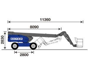 Abmessungsgrafik von der Seite von Teleskoparbeitsbühne TB 278 KD II