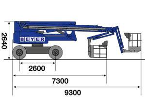 Abmessungsgrafik von der Seite von Gelenkbühne GTB 280 EDK