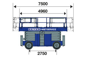 Seitliche Abmessungsgrafik von Allrad-Scherenbühne SB 180 SEA-II