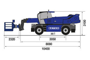 Abmessungsgrafik von Telelader TSR 2660 mit 1000 kg Arbeitskorb