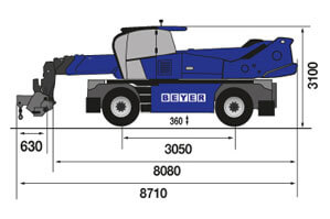 Seitliche Abmessungsgrafik von Telelader TSR 2660 mit 6 t Lasthaken
