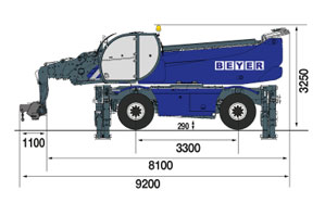 Abmessungsgrafik von Teleskoplader TSR 3580 mit 8 t Lasthaken