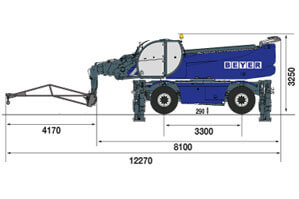 Seitliche Abmessungen von TSR 3580 mit 600 kg Gittermast