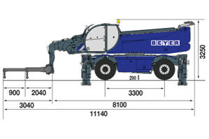 Seitliche Abmessungsgrafik von TSR 3580 mit teleskopierbarem Kranarm