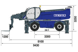 Abmessungsgrafik von BEYER TSR 3580 mit 1000 kg Arbeitskorb