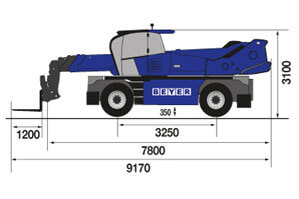 Seitliche Abmessungsgrafik von TSR 3060 II mit 1000 kg Arbeitskorb