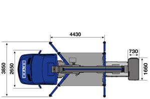 Abmessungsgrafik aus der Vogelperspektive von LKW-Arbeitsbühne LB 290 T