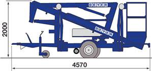 Seitliche Abmessungsgrafik von 12 m Anhänger-Arbeitsbühne von BEYER