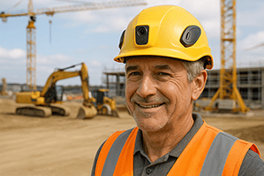 Bauarbeiter mit Warnweste und gelbem Baustellenhelm auf Baustelle