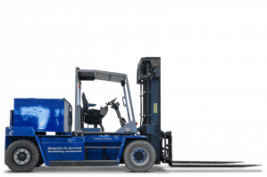 Elektro-Stapler von Beyer-Mietservice mit 8 t Tragkraft in Seitenansicht