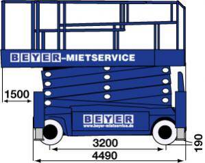 Abmessungsgrafik von 22 m Scherenarbeitsbühne aus der Vermietung