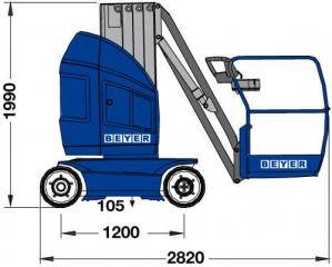 Seitliche Abmessungsgrafik von 10 m Mastbühne aus der Vermietung