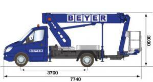 Seitliche Abmessungsgrafik von Hubsteiger LB 218 TK aus der Vermietung