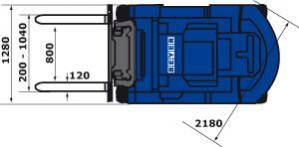 Grafik Ansicht von oben Industriestapler FS 35 IE-482 mit Durchfahrtsbreite, Zinkenbreite, Wenderadius