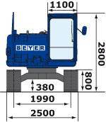 Front-Abmessungsgrafik von BEYER Kettenbagger mit 15,5 t Betriebsgewicht