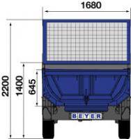 Grafik Frontansicht mit Abmaßen Kippmuldenanhänger KMA 350 inkl. hohes Aufsatzgitter