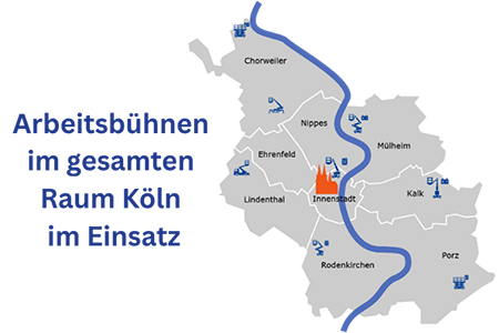 Stadtkarte von Köln zeigt Standorte von Arbeitsbühnen im Einsatz