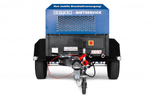 Frontansicht Kompressor auf Anhängerfahrgestell mit 4 m³/min Luftleistung