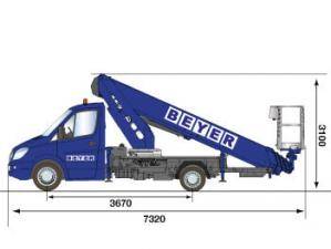 Abmessungsgrafik Sprinter-Arbeitsbühne LB 221 II T mit 200 kg Korblast