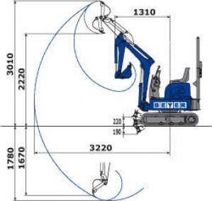 Abmessungsgrafik von 1,1 t Minibagger aus der BEYER-Vermietung