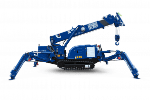 Seitenansicht abgestützt, Kranarm angehoben, Miniraupenkran 8,70 m Hebehöhe