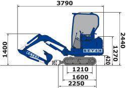 Seitliche Abmessungen von 2 t Minibagger aus der BEYER-Vermietung