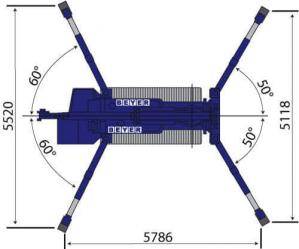 Abmessungsgrafik von Minikran 168.4 D/E II bei maximaler Abstützung