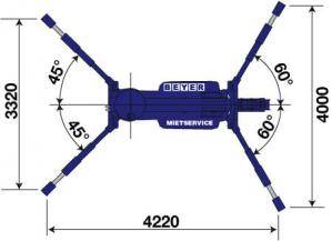 Grafik Minikran MC 87.3 D/E II, Ansicht von oben mit Maßen mittlere Abstützung