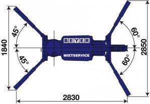 Abmessungsgrafik Minikran MC 55.1 bei minimaler Abstützung